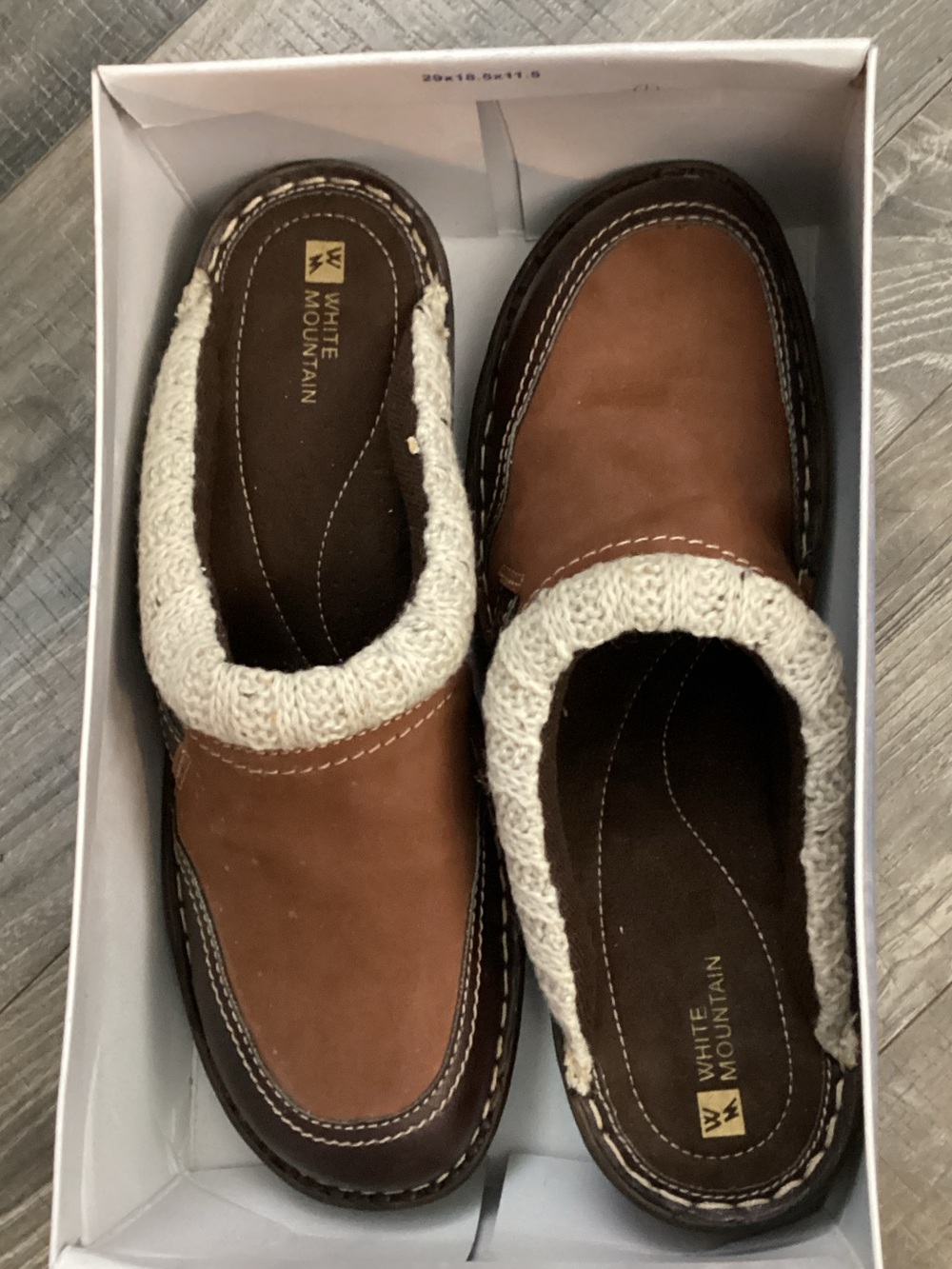 White Mountain Brown Leather Slip-On Clogs with Cream Knit Collar